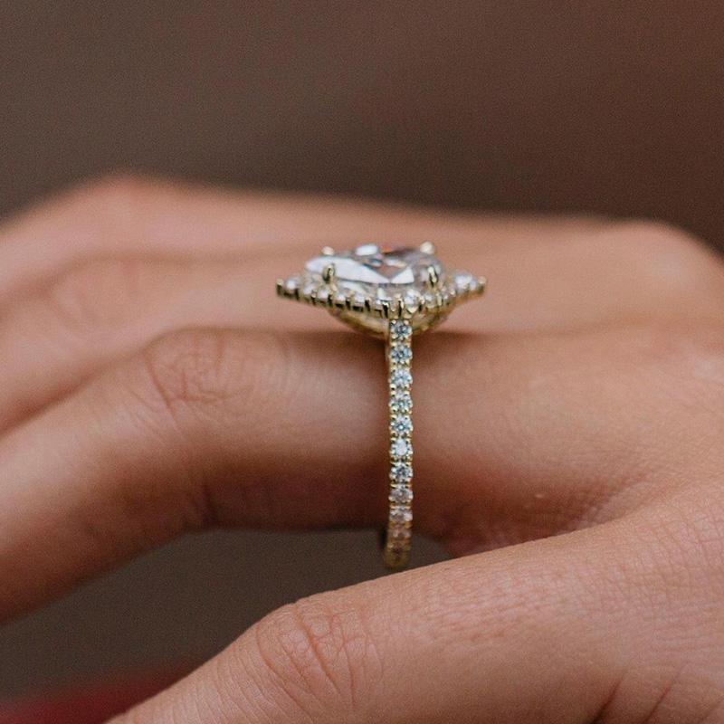 Elegant Golden Tone Halo Pear Cut Sterling Silver Engagement Ring Shineofdiamond