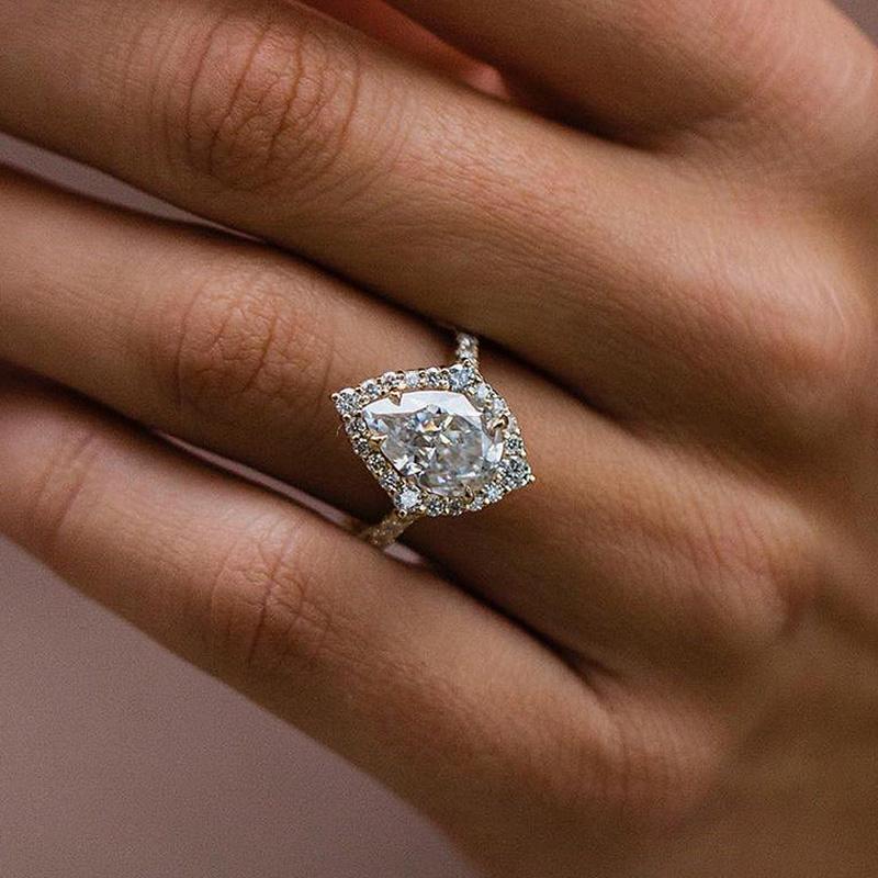 Elegant Golden Tone Halo Pear Cut Sterling Silver Engagement Ring Shineofdiamond