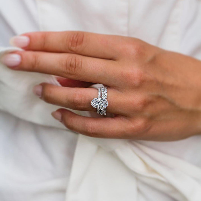Classic Oval Cut Sterling Silver Bridal Set with Exquisite Band Shineofdiamond