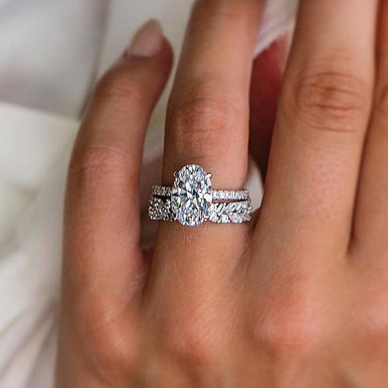 Classic Oval Cut Sterling Silver Bridal Set with Exquisite Band Shineofdiamond