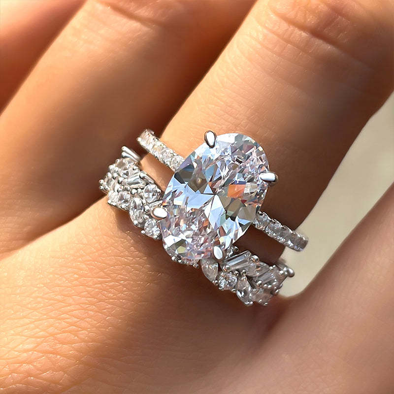 Classic Oval Cut Sterling Silver Bridal Set with Exquisite Band Shineofdiamond