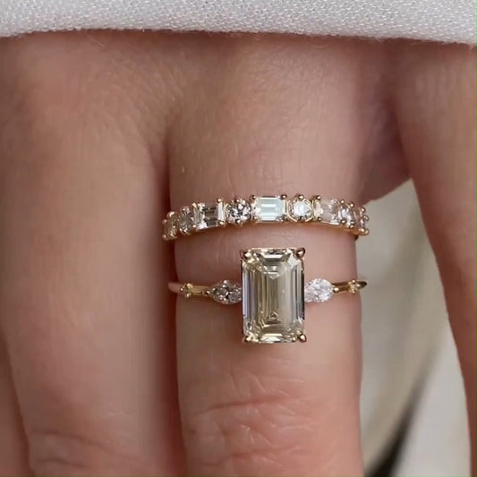 2pcs Luxurious Golden Tone Emerald Cut Three Stone Sterling Silver Bridal Set Shineofdiamond