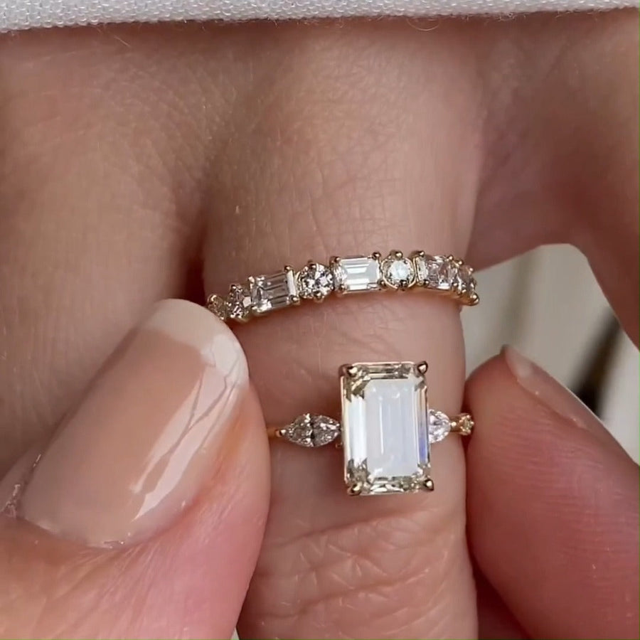 2pcs Luxurious Golden Tone Emerald Cut Three Stone Sterling Silver Bridal Set Shineofdiamond