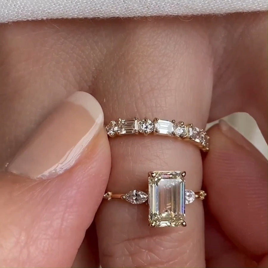 2pcs Luxurious Golden Tone Emerald Cut Three Stone Sterling Silver Bridal Set Shineofdiamond