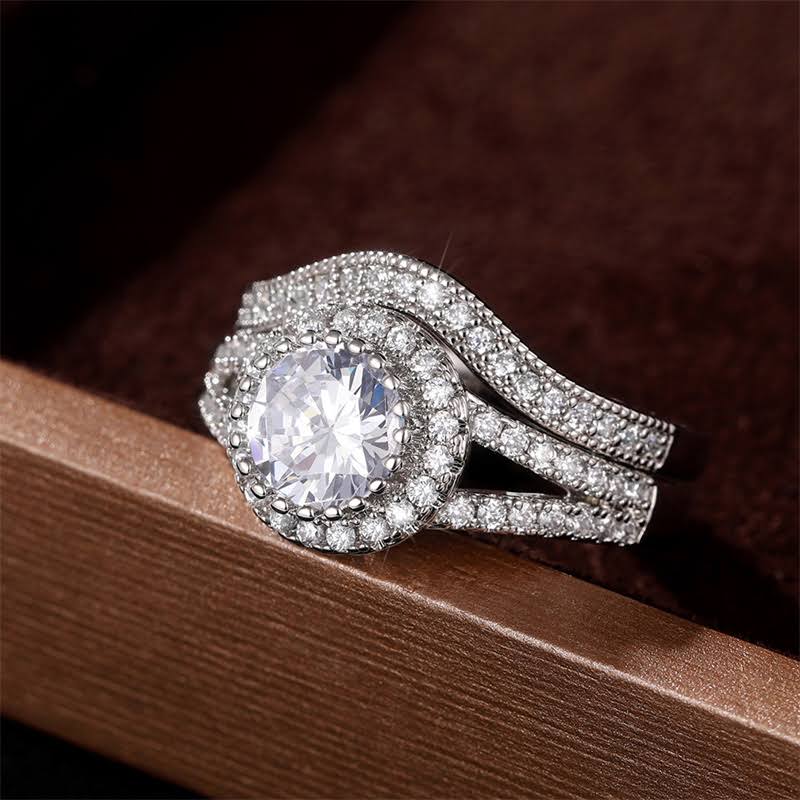 Sale | 2pcs Halo Round Cut Split Shank Bridal Set Rings in Sterling Silver Shineofdiamond