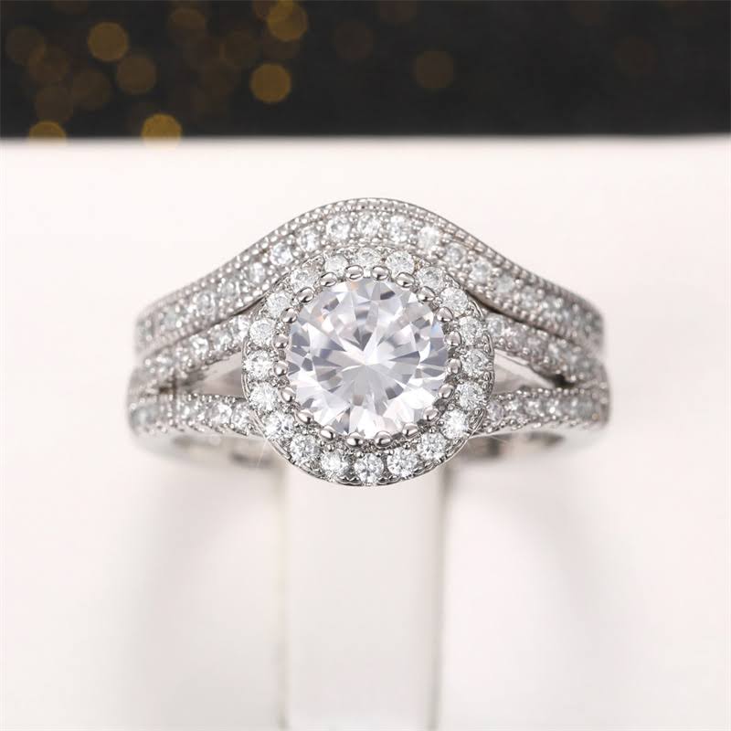 Sale | 2pcs Halo Round Cut Split Shank Bridal Set Rings in Sterling Silver Shineofdiamond