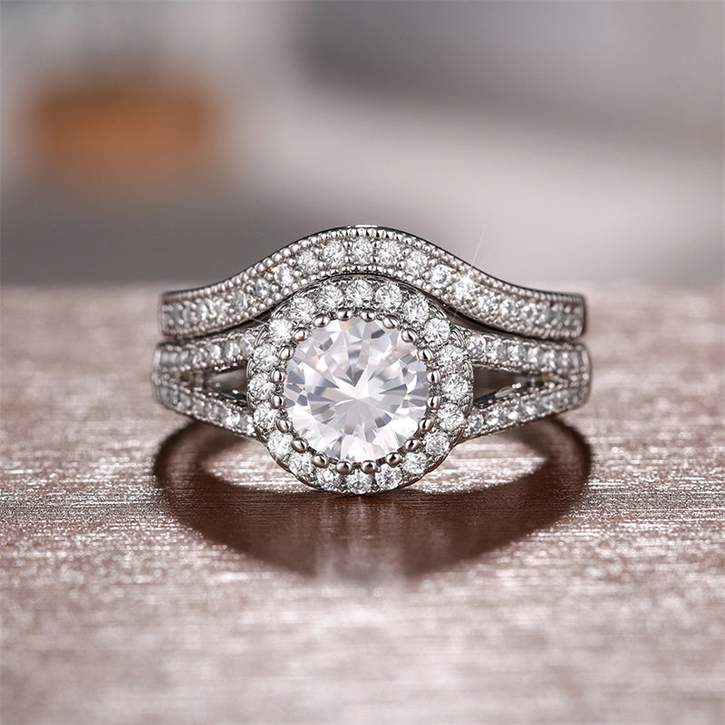 Sale | 2pcs Halo Round Cut Split Shank Bridal Set Rings in Sterling Silver Shineofdiamond