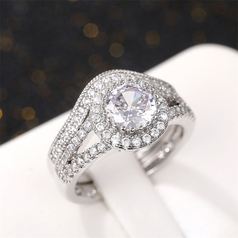 Sale | 2pcs Halo Round Cut Split Shank Bridal Set Rings in Sterling Silver Shineofdiamond
