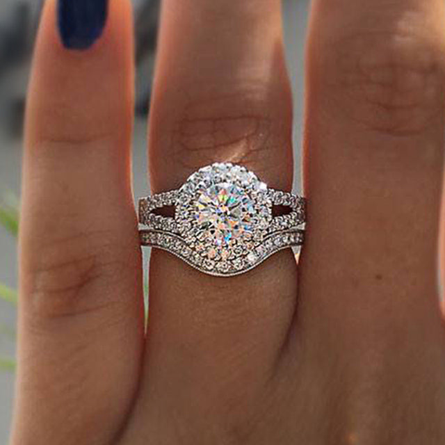 Sale | 2pcs Halo Round Cut Split Shank Bridal Set Rings in Sterling Silver Shineofdiamond
