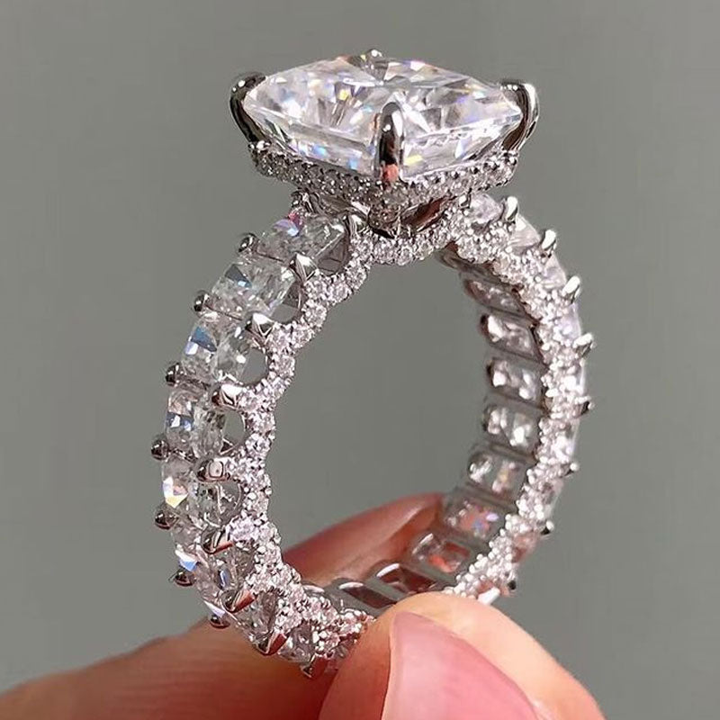 Exquisite Radiant Cut Sterling Silver Wedding Ring With Eternity Band Shineofdiamond