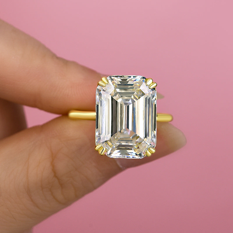 Luxurious Golden Emerald Cut Engagement Ring In Sterling Silver shine of diamond