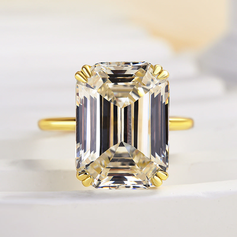 Luxurious Golden Emerald Cut Engagement Ring In Sterling Silver shine of diamond
