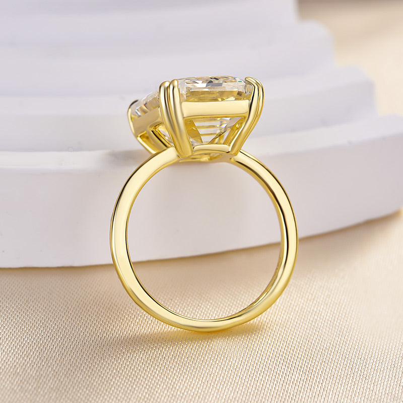 Luxurious Golden Emerald Cut Engagement Ring In Sterling Silver shine of diamond