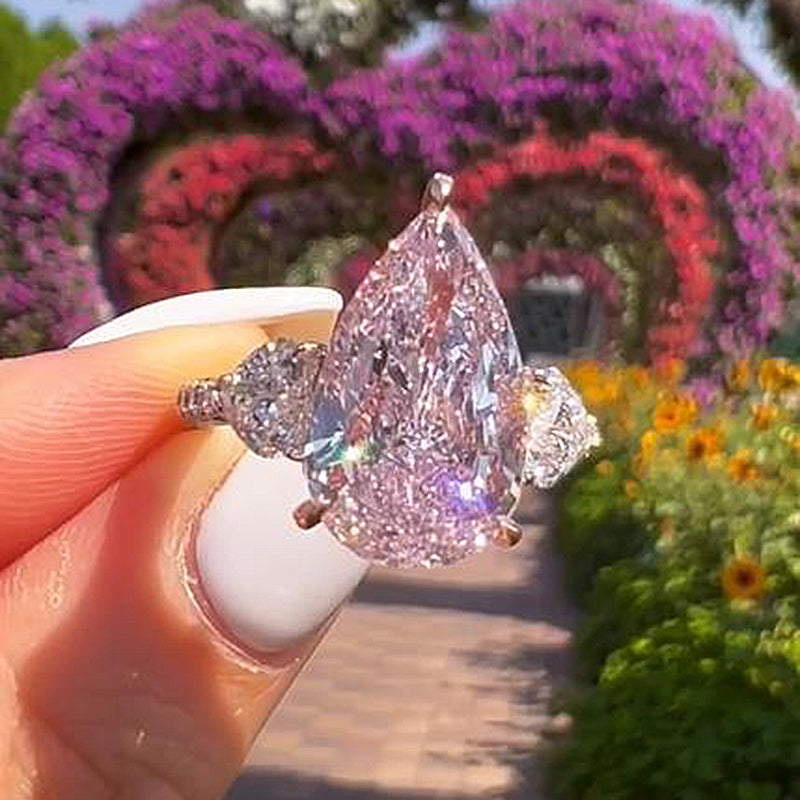 Stunning Pear Cut Pink Three Stone Engagement Ring Shineofdiamond