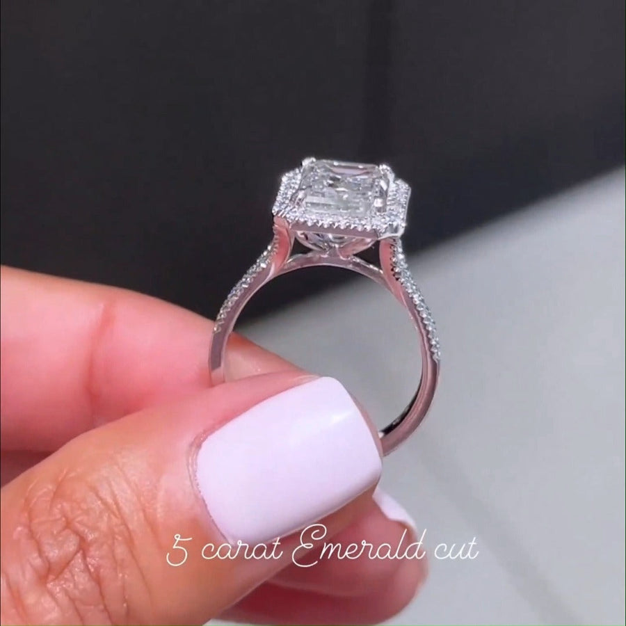 Gorgeous Halo Split Shank Emerald Cut Sterling Silver Engagement Ring shineofdiamond