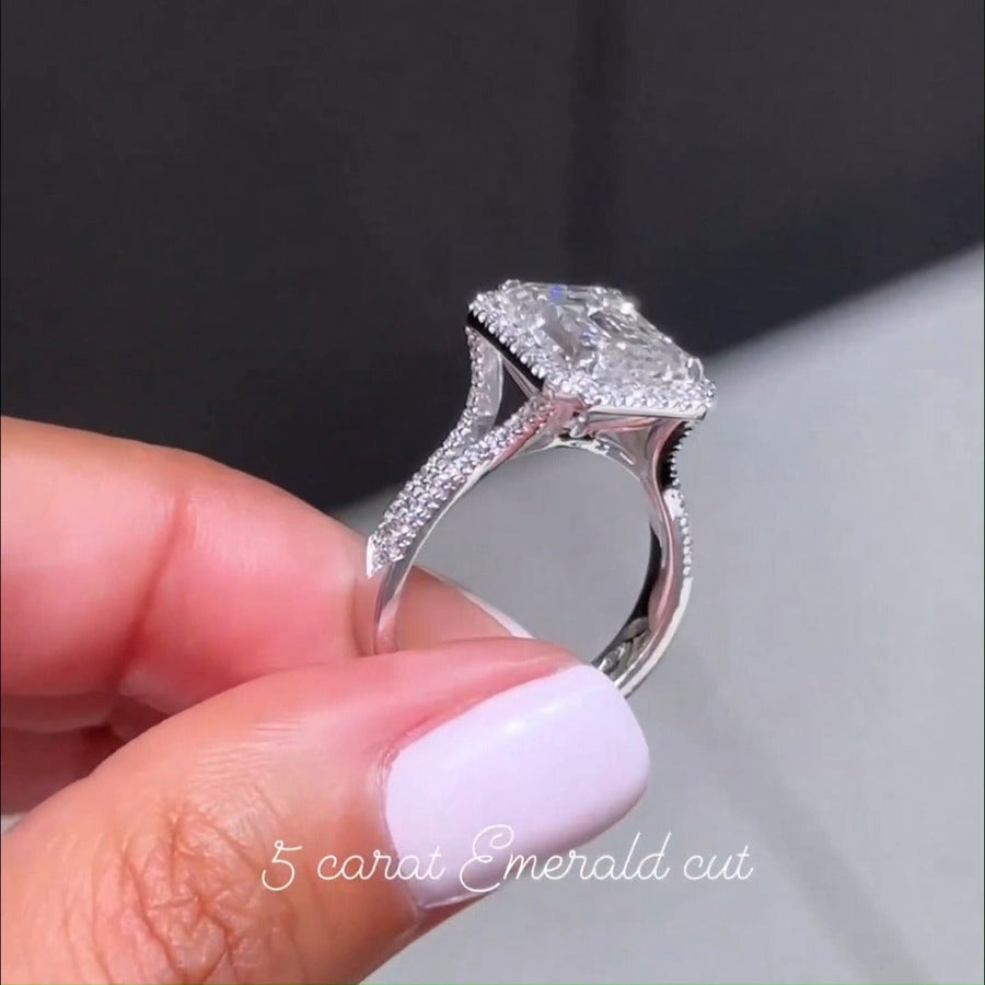 Gorgeous Halo Split Shank Emerald Cut Sterling Silver Engagement Ring shineofdiamond