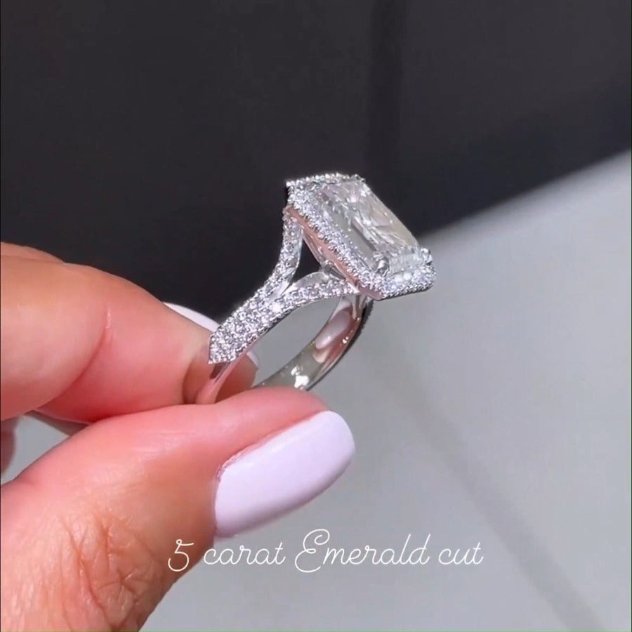Gorgeous Halo Split Shank Emerald Cut Sterling Silver Engagement Ring shineofdiamond
