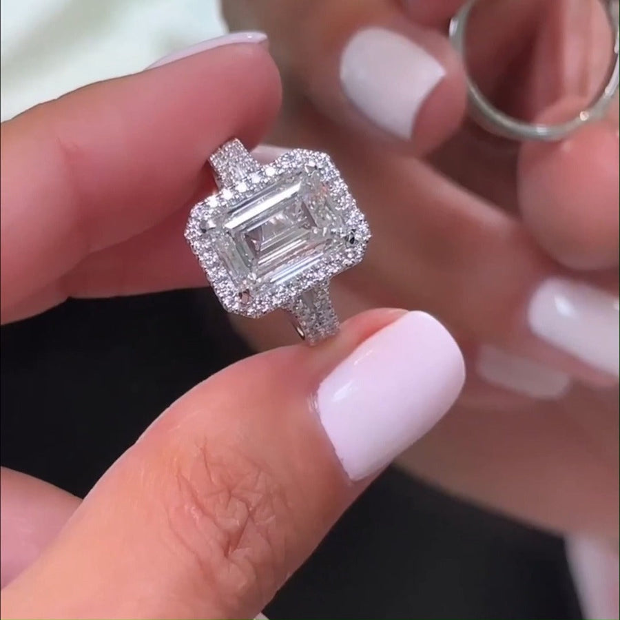 Gorgeous Halo Split Shank Emerald Cut Sterling Silver Engagement Ring shineofdiamond