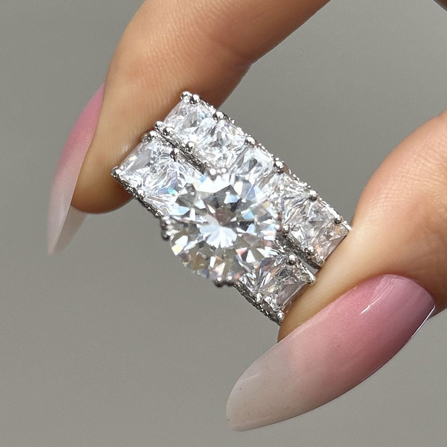 Round Cut Eternity Sterling Silver Bridal Set Ring with Eternity Band Shineofdiamond