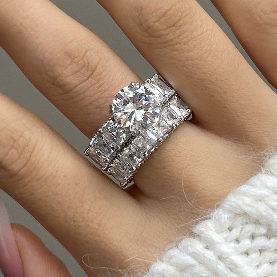 Round Cut Eternity Sterling Silver Bridal Set Ring with Eternity Band Shineofdiamond