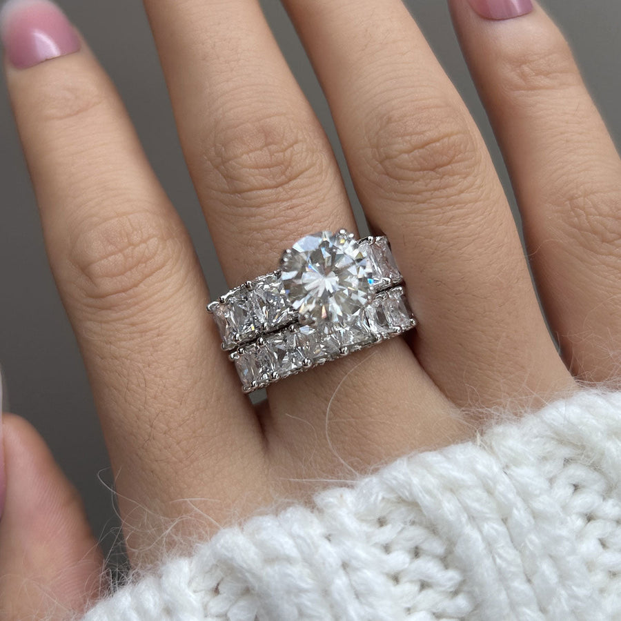 Round Cut Eternity Sterling Silver Bridal Set Ring with Eternity Band Shineofdiamond