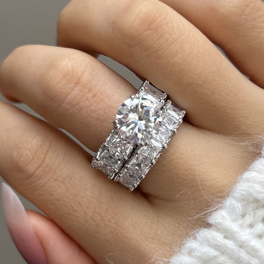 Round Cut Eternity Sterling Silver Bridal Set Ring with Eternity Band Shineofdiamond