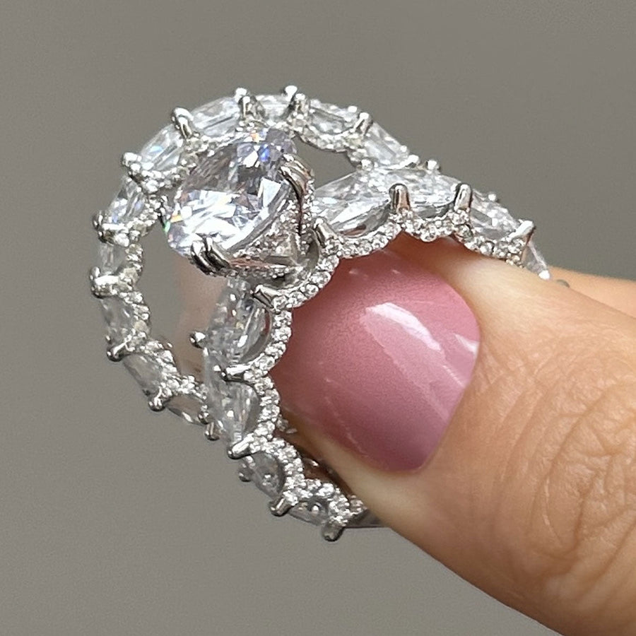 Round Cut Eternity Sterling Silver Bridal Set Ring with Eternity Band Shineofdiamond
