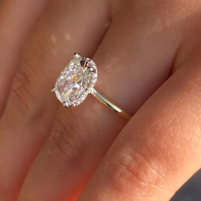 Elegant Elongated Cushion Cut Sterling Silver Engagement Ring With Hidden Halo shineofdiamond