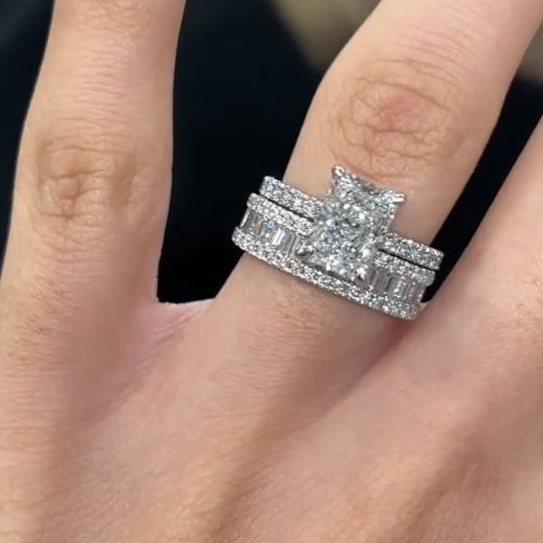 2PCS Radiant Cut Ring With Baguette Band Bridal Set in Sterling Silver Shineofdiamond