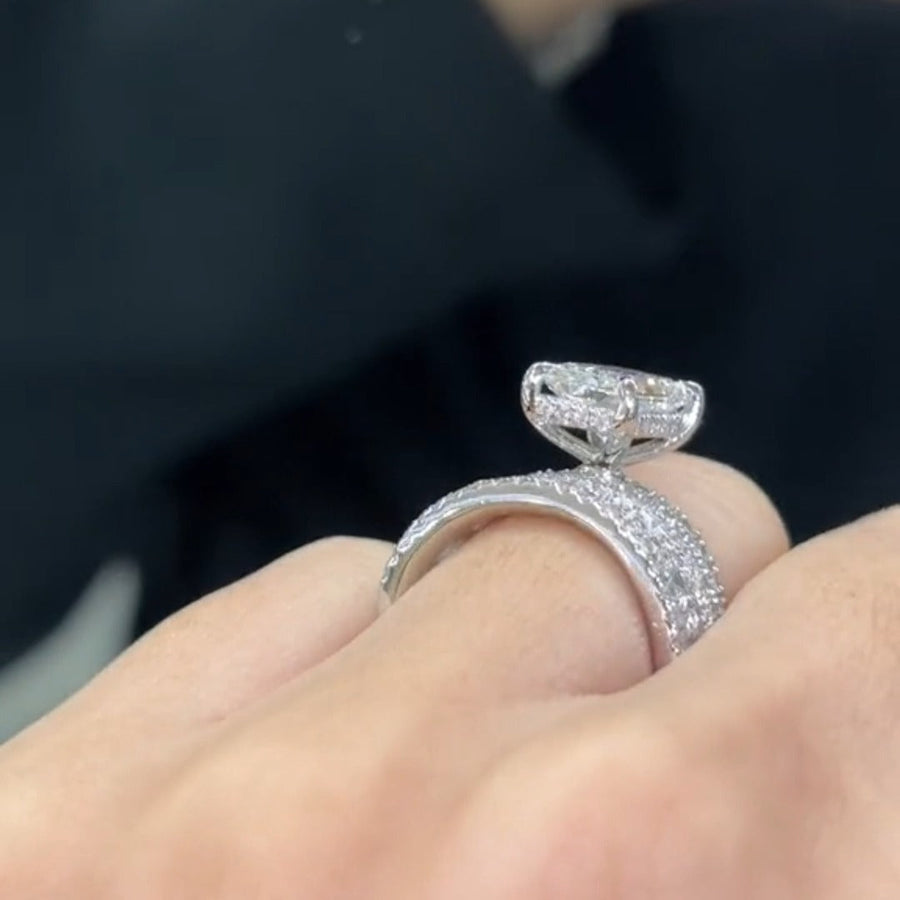 2PCS Radiant Cut Ring With Baguette Band Bridal Set in Sterling Silver Shineofdiamond