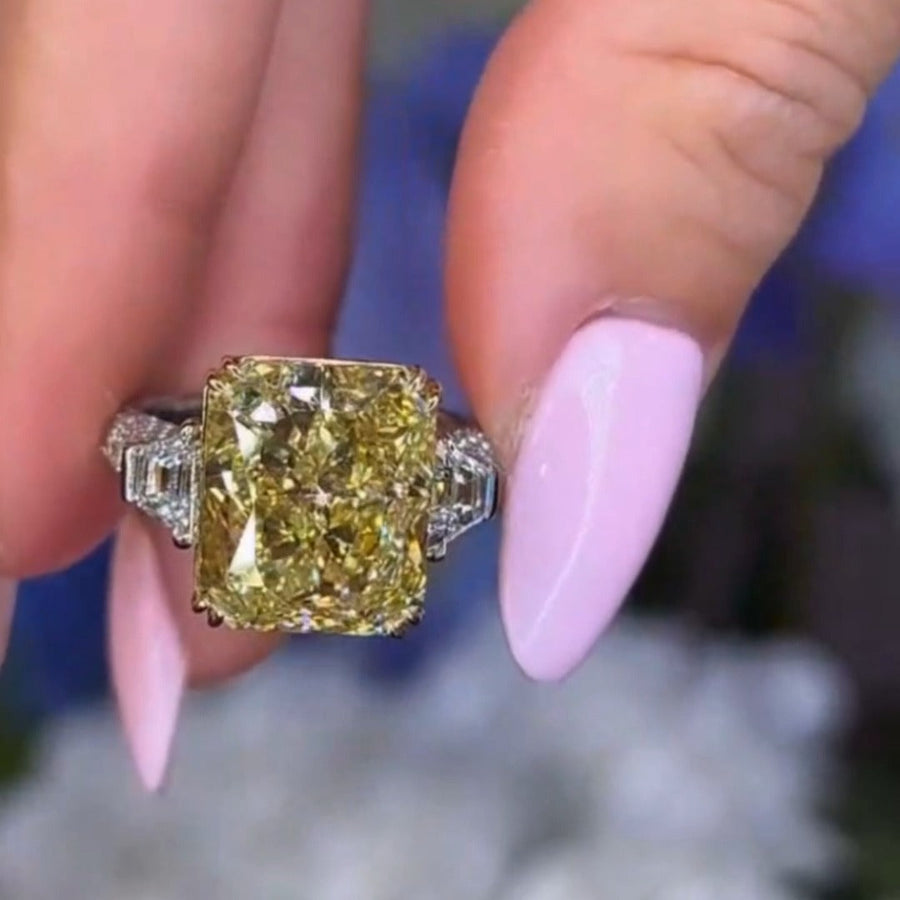 Radiant Cut Yellow Stone Three Stone Engagement Ring In Sterling Silver Shineofidamond