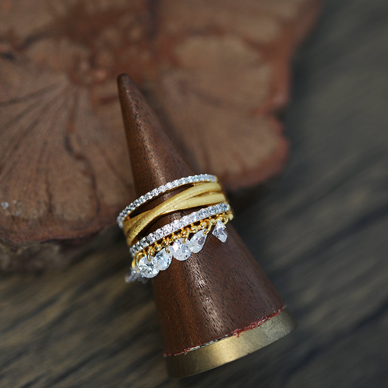 Vintage High-End Feel Drop Tassel Sterling Silver Ring shine of diamond