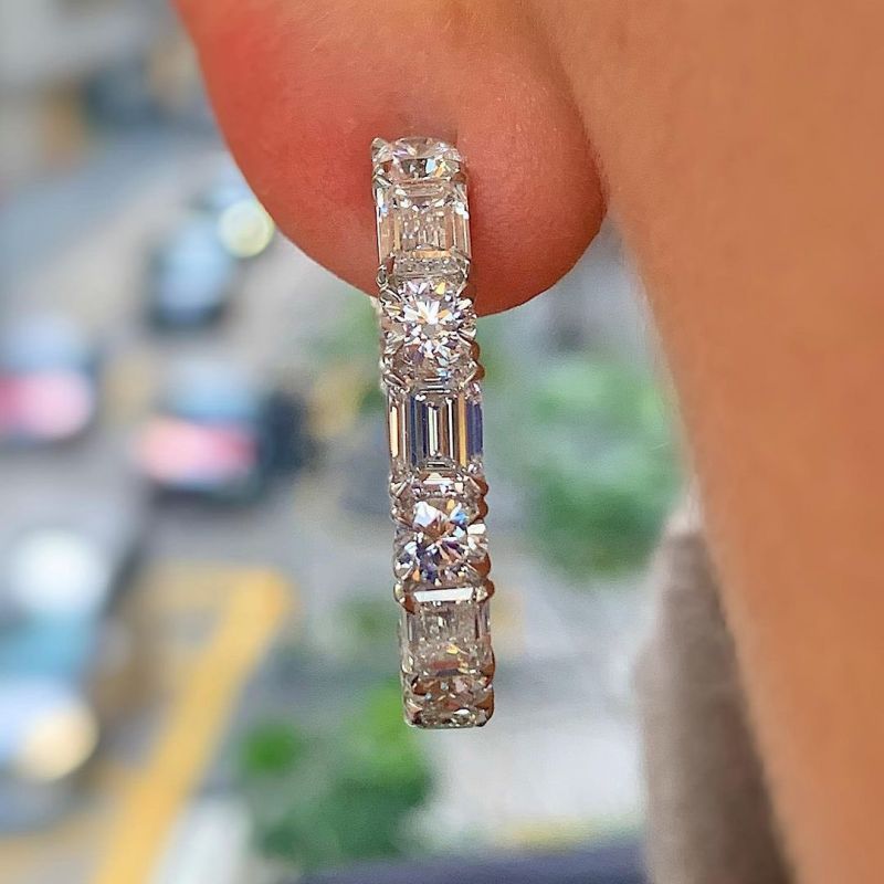 Exquisite Emerald Cut & Round Cut Hoop Earrings In Sterling Silver Shineofdiamond