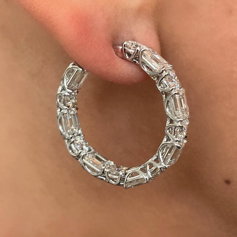 Exquisite Emerald Cut & Round Cut Hoop Earrings In Sterling Silver Shineofdiamond
