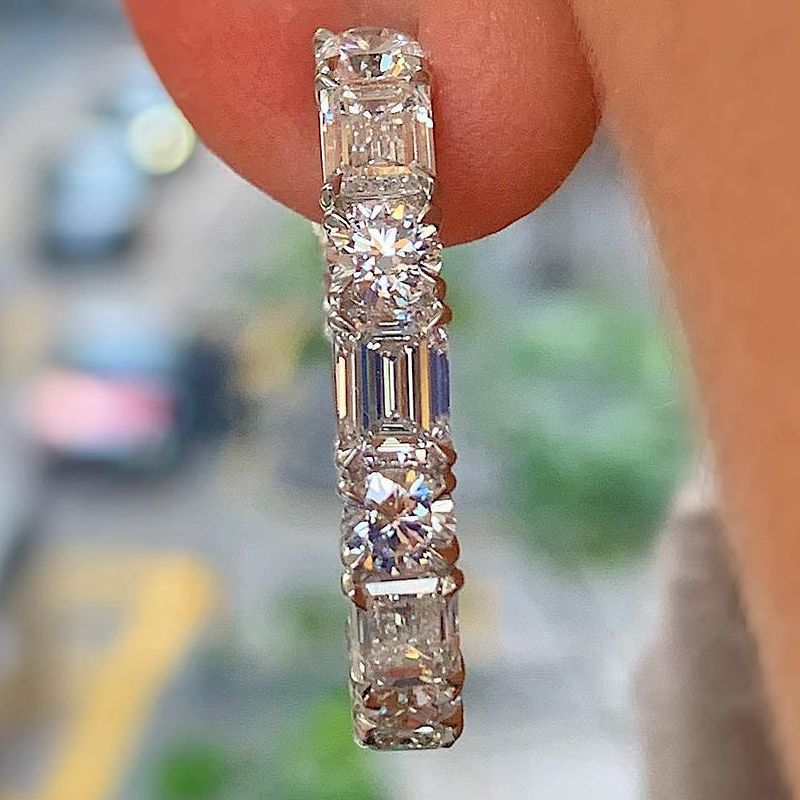 Exquisite Emerald Cut & Round Cut Hoop Earrings In Sterling Silver Shineofdiamond