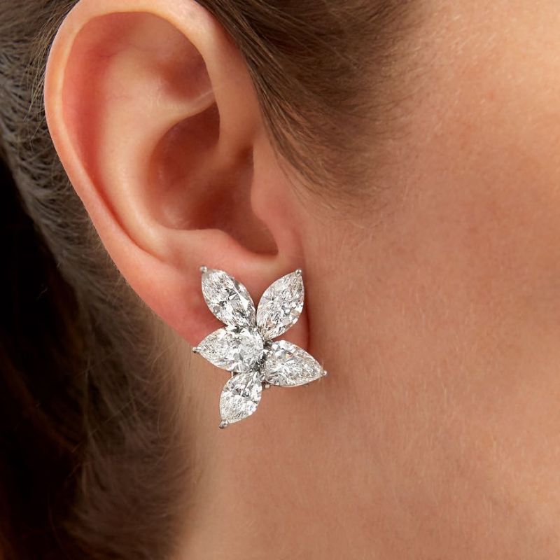 Dainty Flower Design Marquise & Pear Cut Sterling Silver Stud Earrings Shineofdiamond