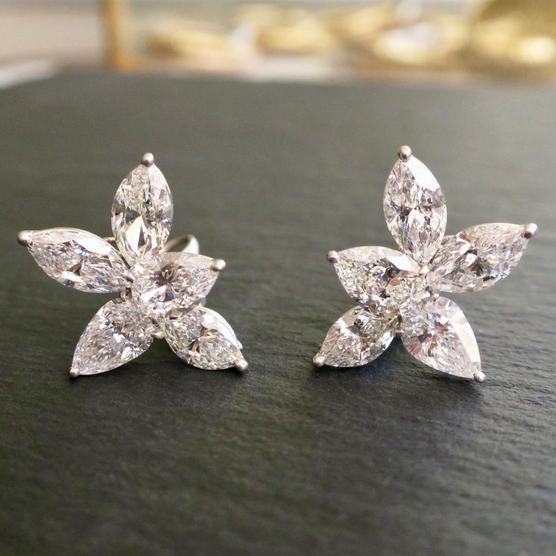Dainty Flower Design Marquise & Pear Cut Sterling Silver Stud Earrings Shineofdiamond