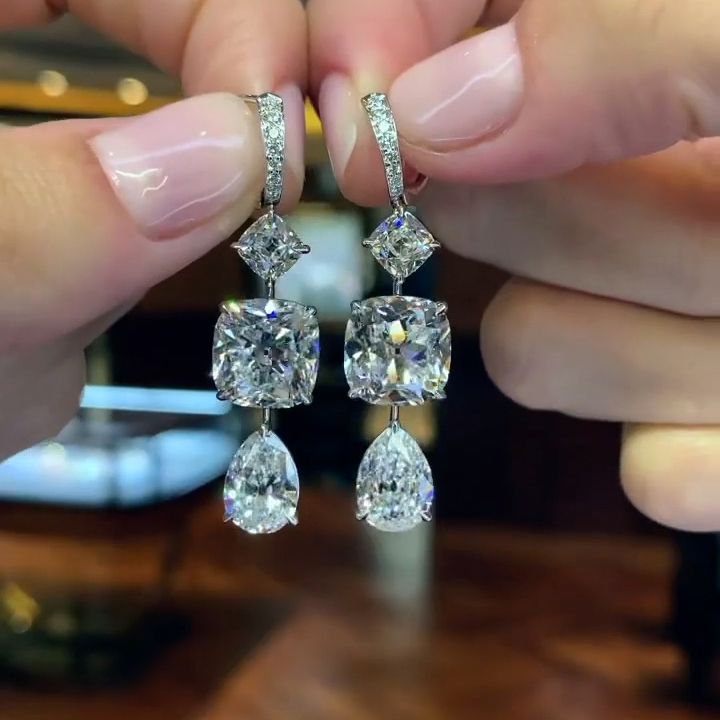 Antique Cushion & Pear Cut Sterling Silver Drop Earrings Shineofdiamond