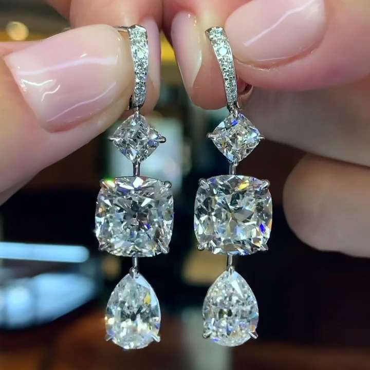 Antique Cushion & Pear Cut Sterling Silver Drop Earrings Shineofdiamond