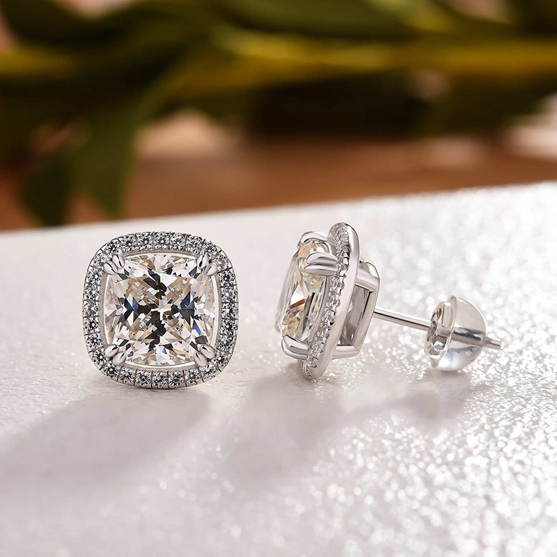 Sparkle Halo Cushion Cut Stud Earrings In Sterling Silver Shineofdiamond