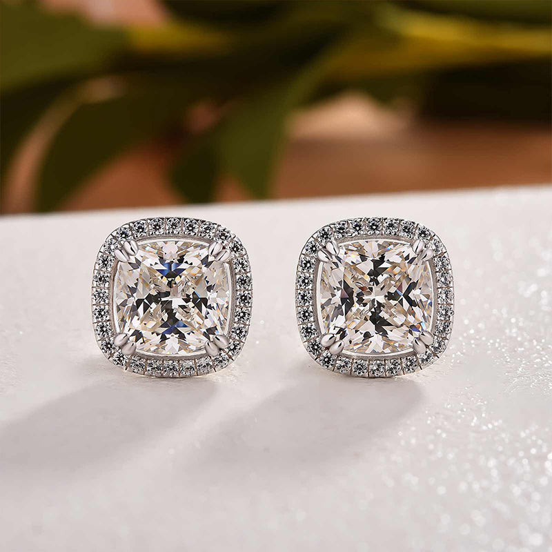Sparkle Halo Cushion Cut Stud Earrings In Sterling Silver Shineofdiamond