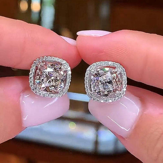 Sparkle Halo Cushion Cut Stud Earrings In Sterling Silver Shineofdiamond