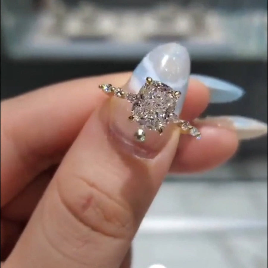 Classic Cushion Cut Sterling Silver Engagement Ring In Golden Tone shine of diamond