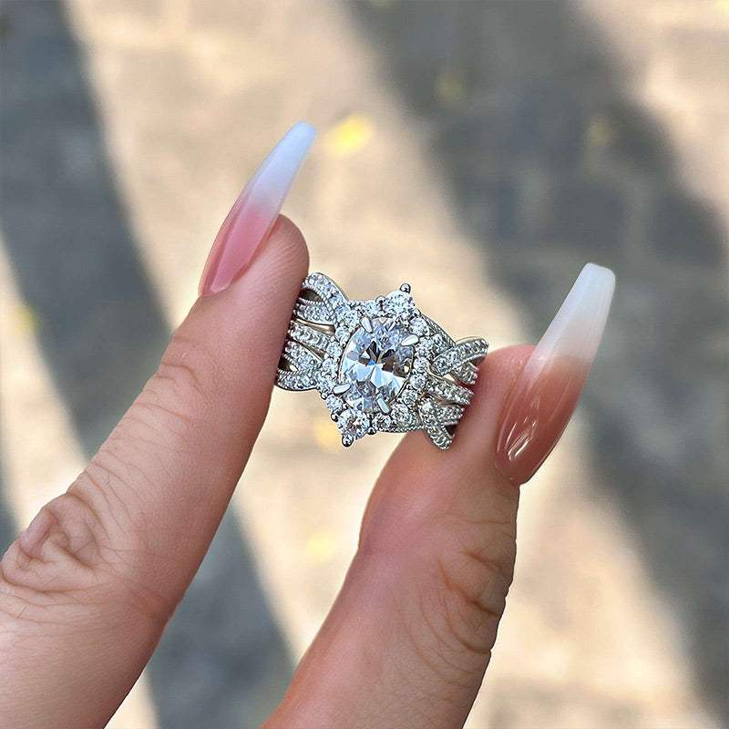 Oval Cut Halo Bridal Set Ring Insert In Sterling Silver shineofdiamond