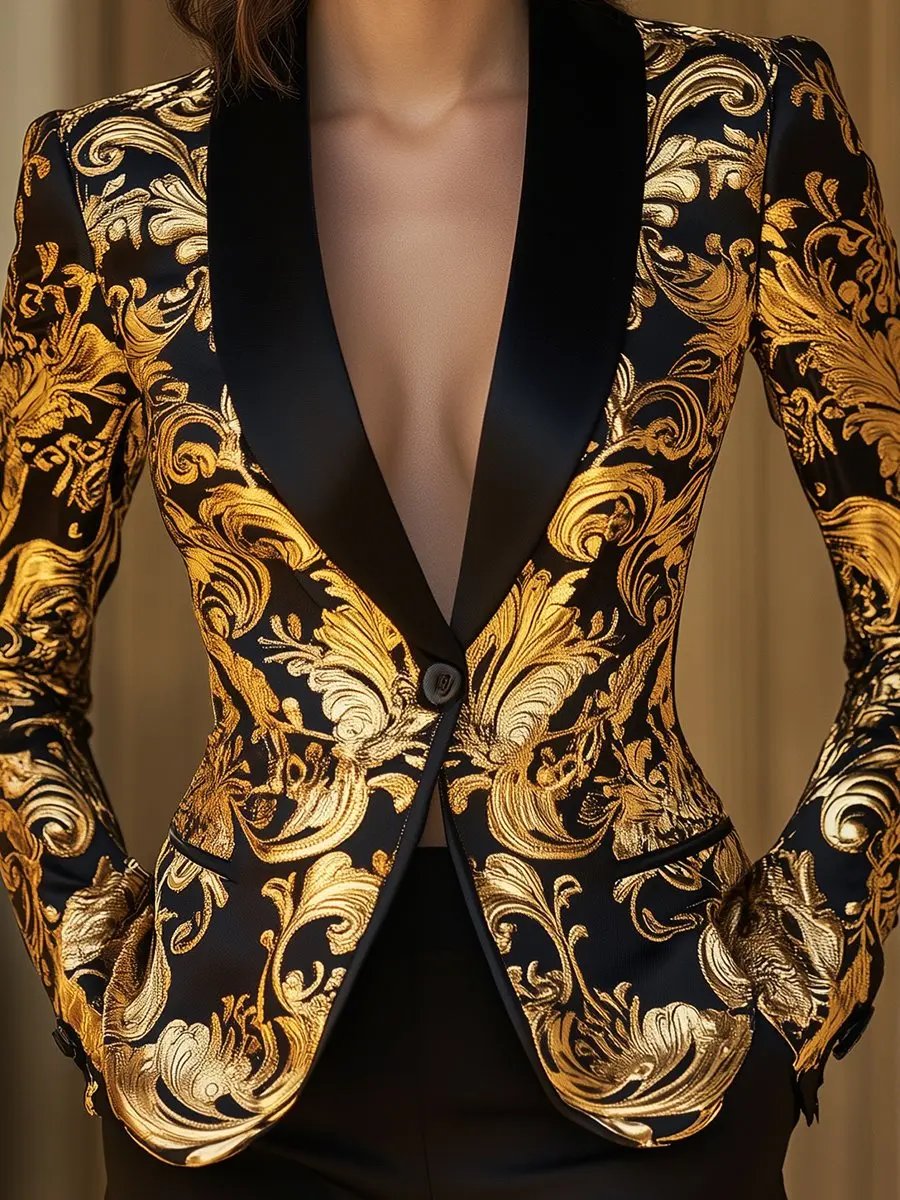 Opulent Black & Gold Baroque Floral Print - Blazer CAAYWORLD