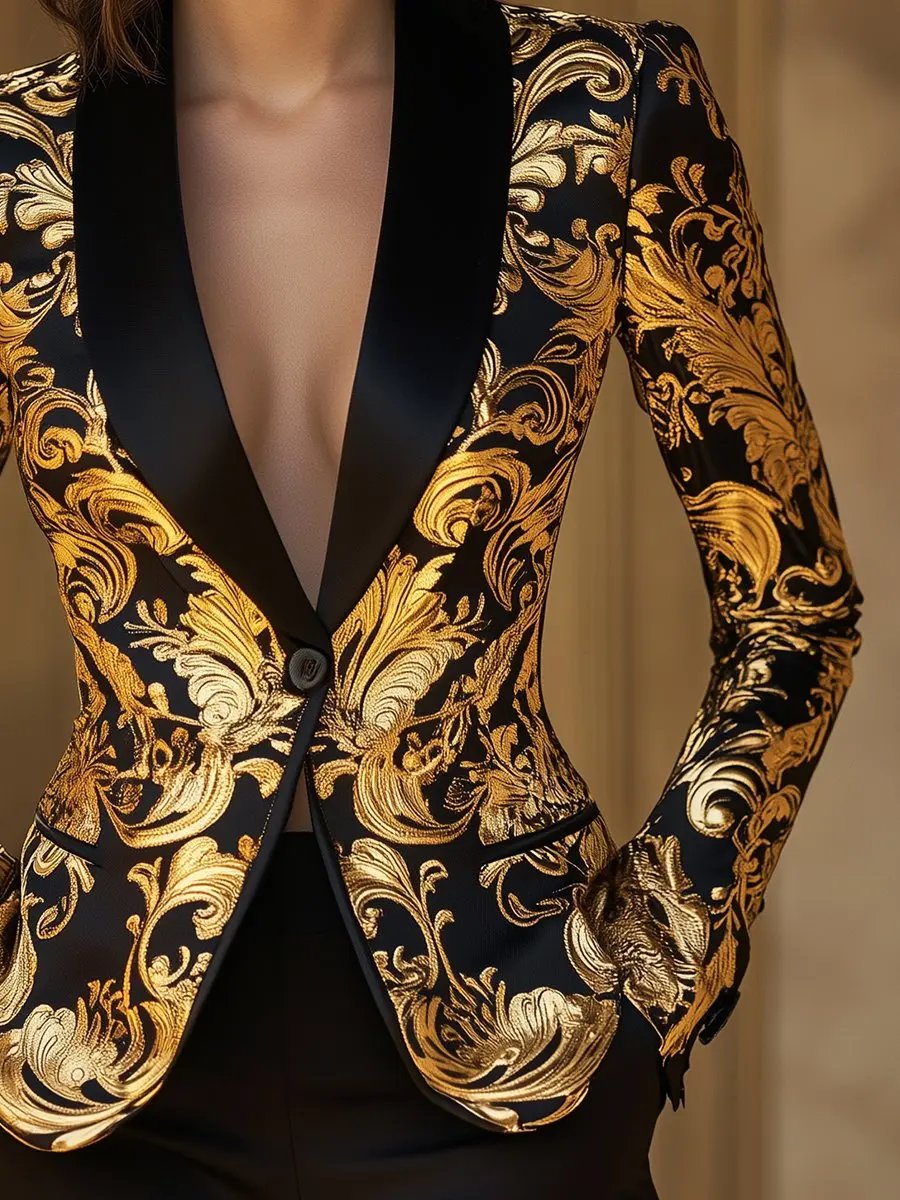 Opulent Black & Gold Baroque Floral Print - Blazer CAAYWORLD