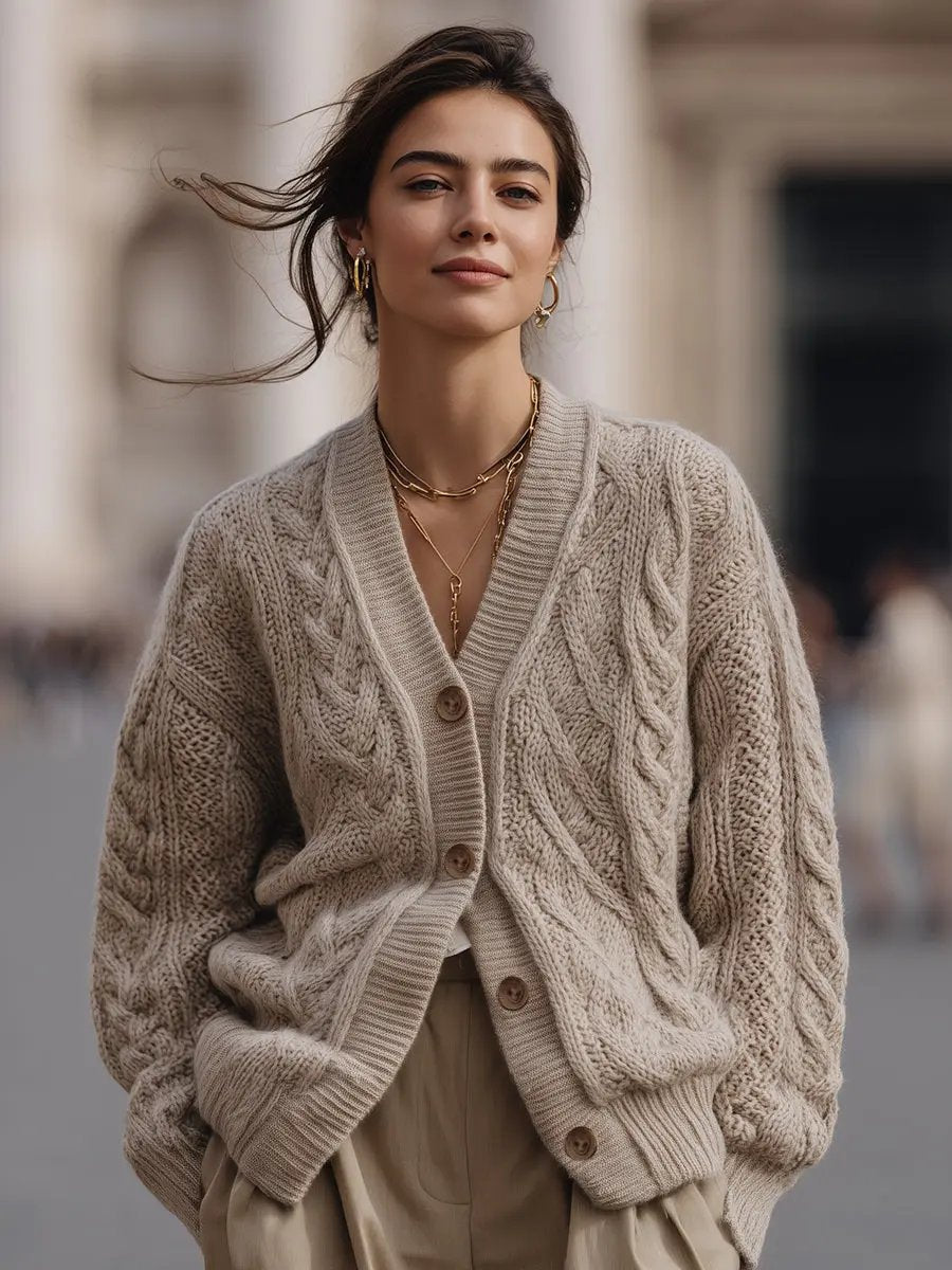 Oversized Chunky Cable Knit Button-Front - Cardigan CAAYWORLD