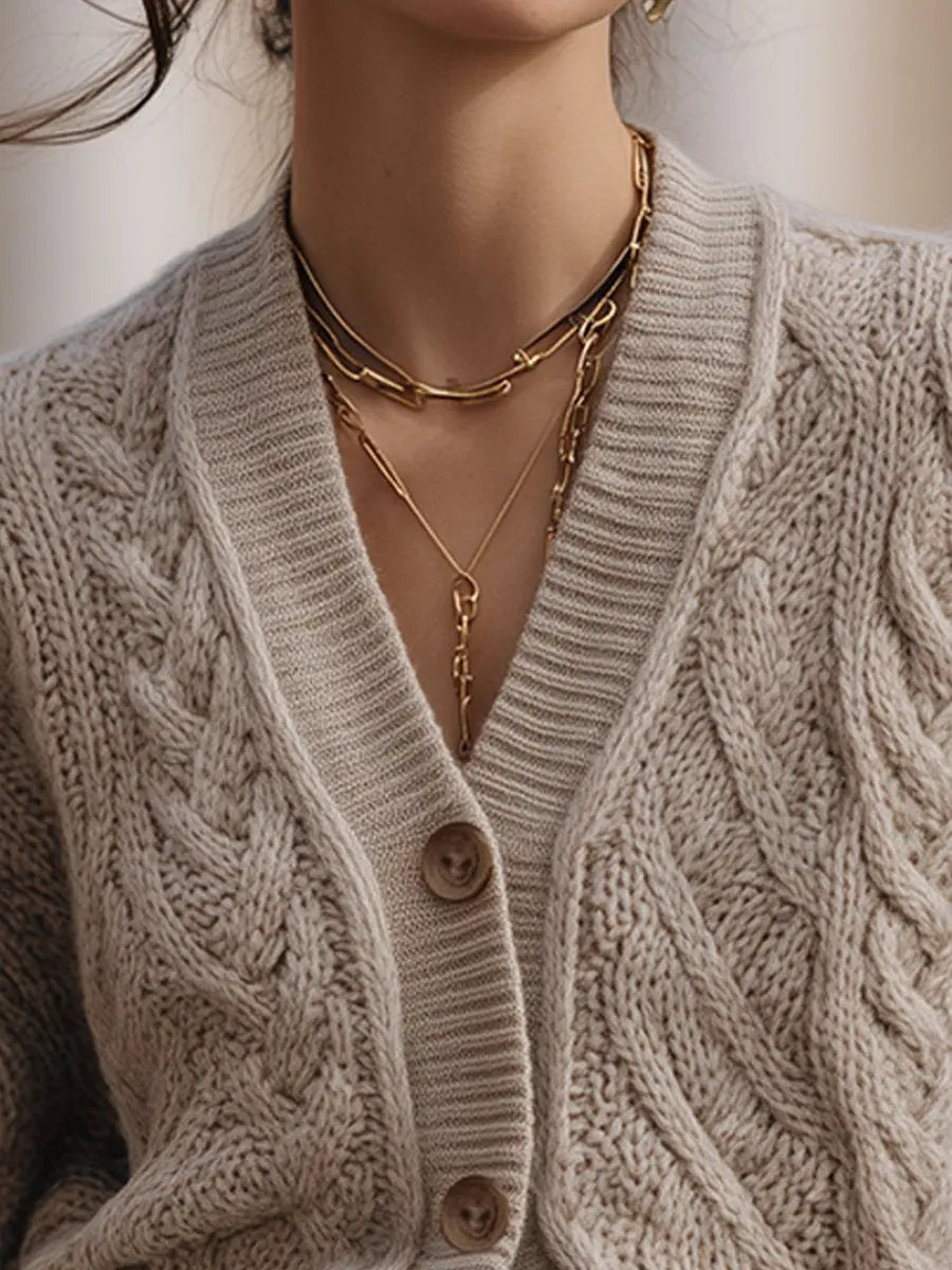 Oversized Chunky Cable Knit Button-Front - Cardigan CAAYWORLD