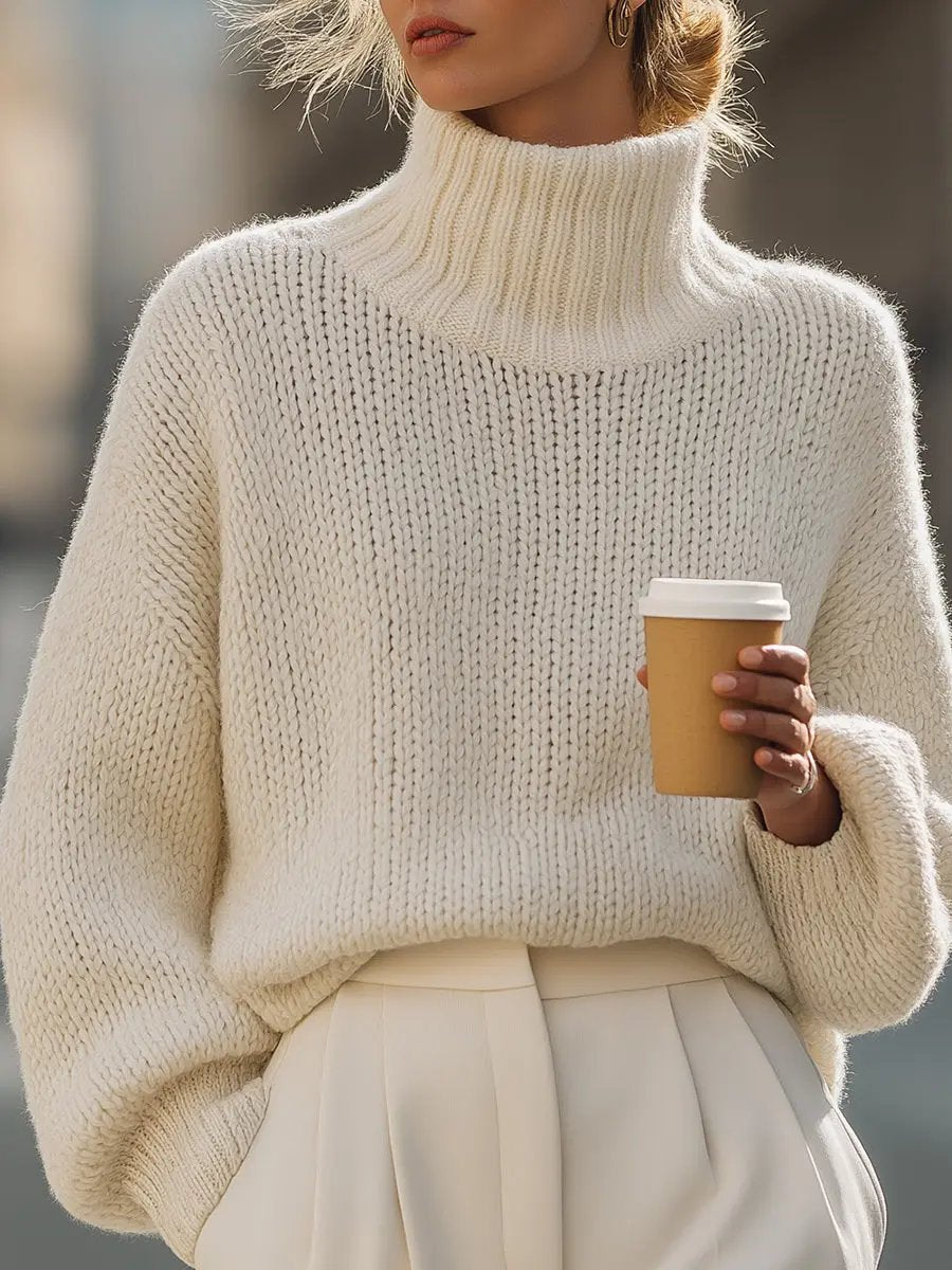 Oversized Cream Knit Turtleneck - Sweater CAAYWORLD