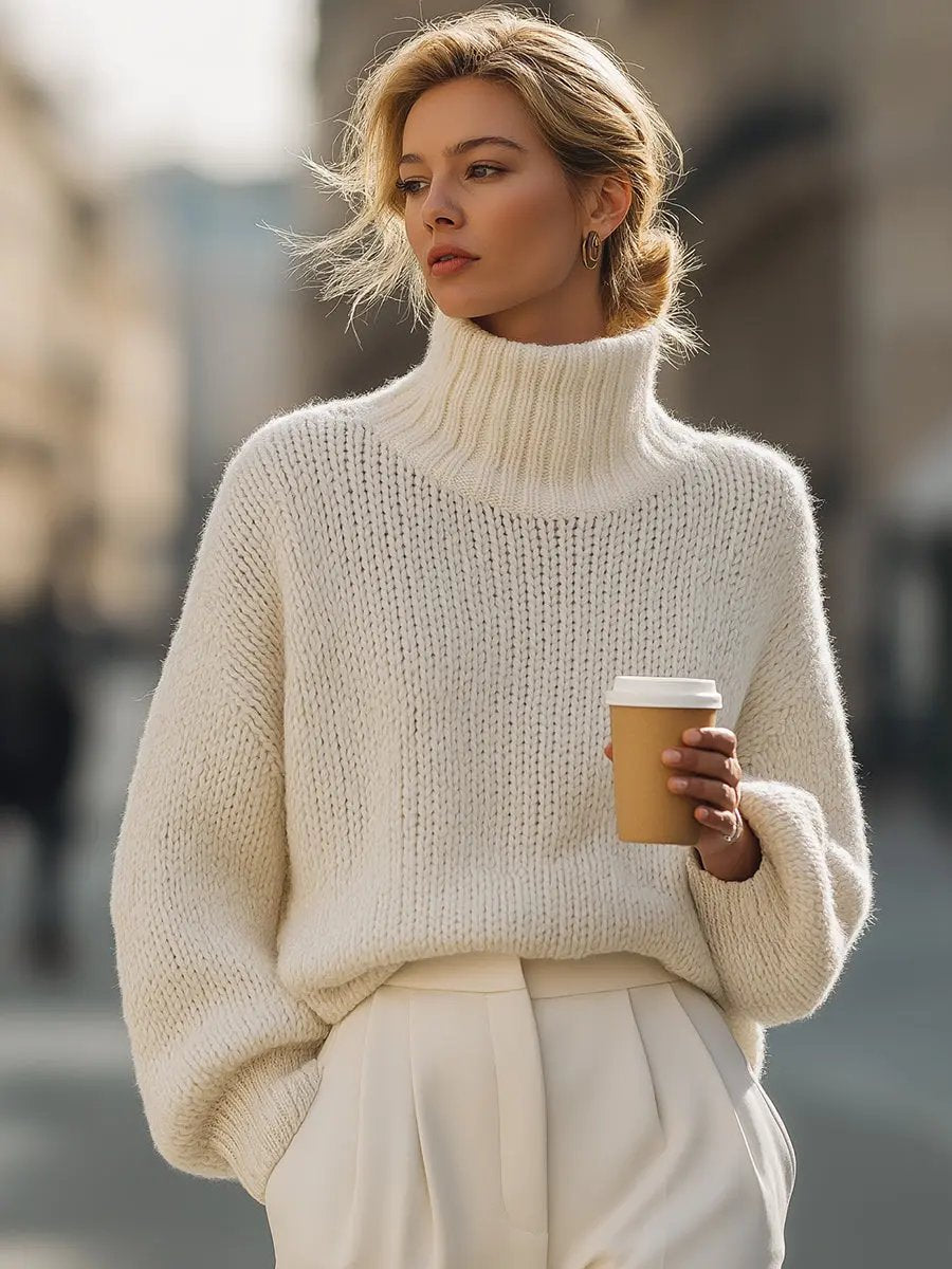 Oversized Cream Knit Turtleneck - Sweater CAAYWORLD